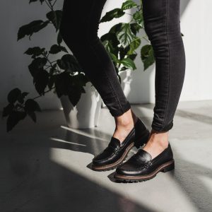 Penny Loafer Classic Women Black Loafers, Flat Black Women Shoes, Chunky Loafers