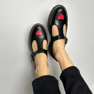 Black Leather Mary Janes With Heart: Heart T-strap Shoes