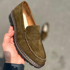 Handcrafted Olive Suede Penny Loafers: Women's Flat Leather Shoes